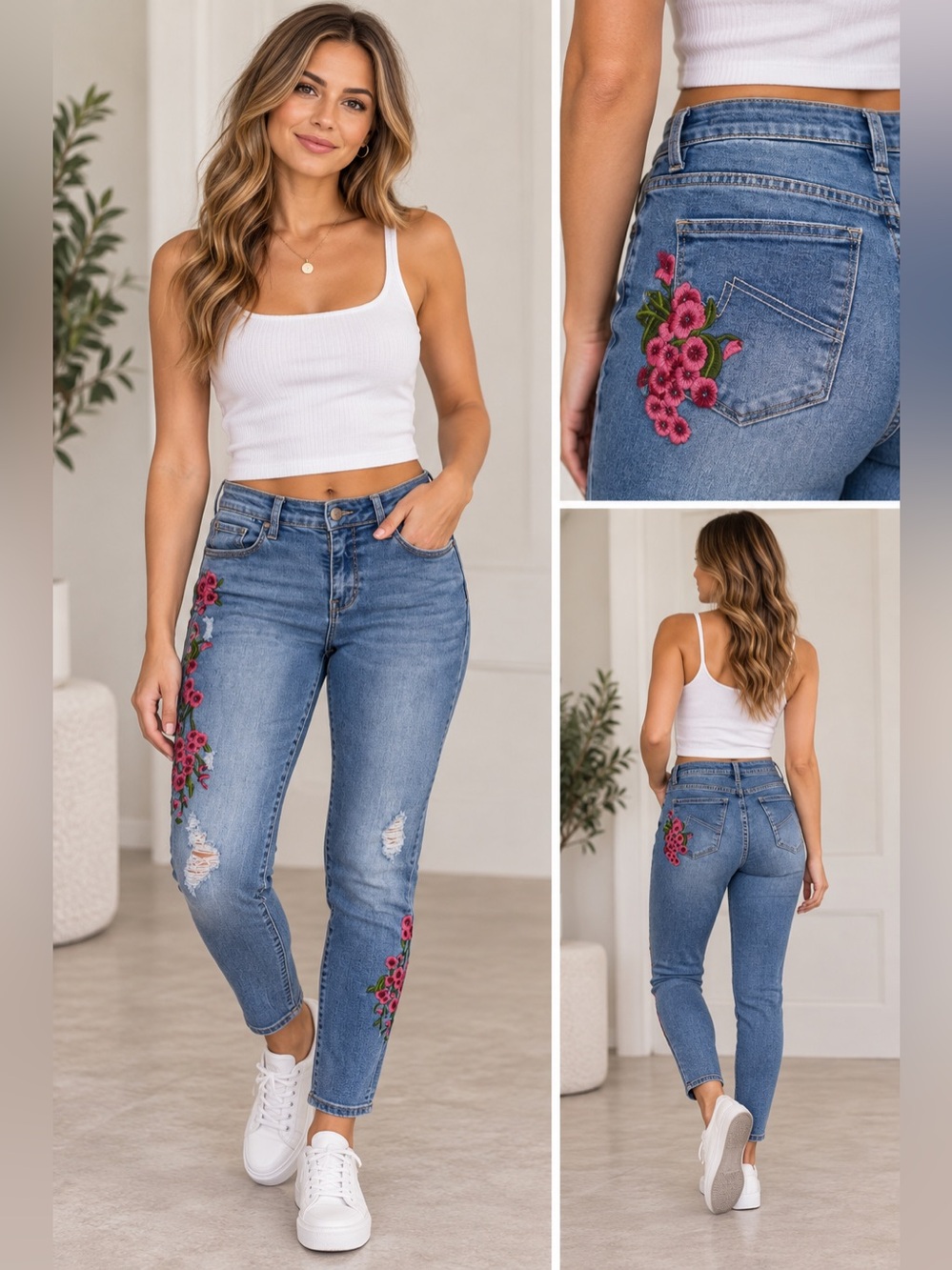 Max Jeans Blue Skinny Jeans with Pink Floral Embroidery